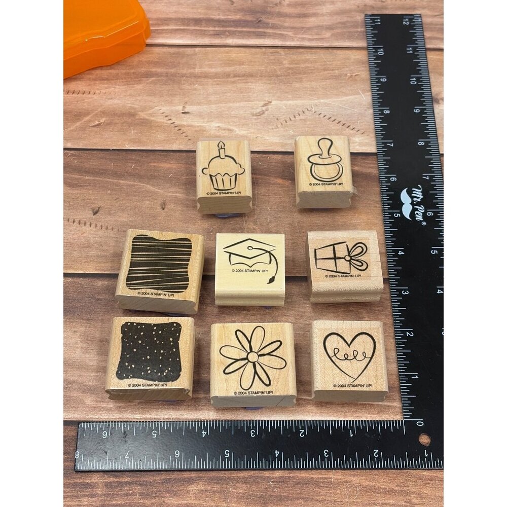 2004 STAMPIN' UP! LITTLE LAYERS PLUS WOOD MOUNT RUBBER STAMP SET OF 8 HEART GIFT